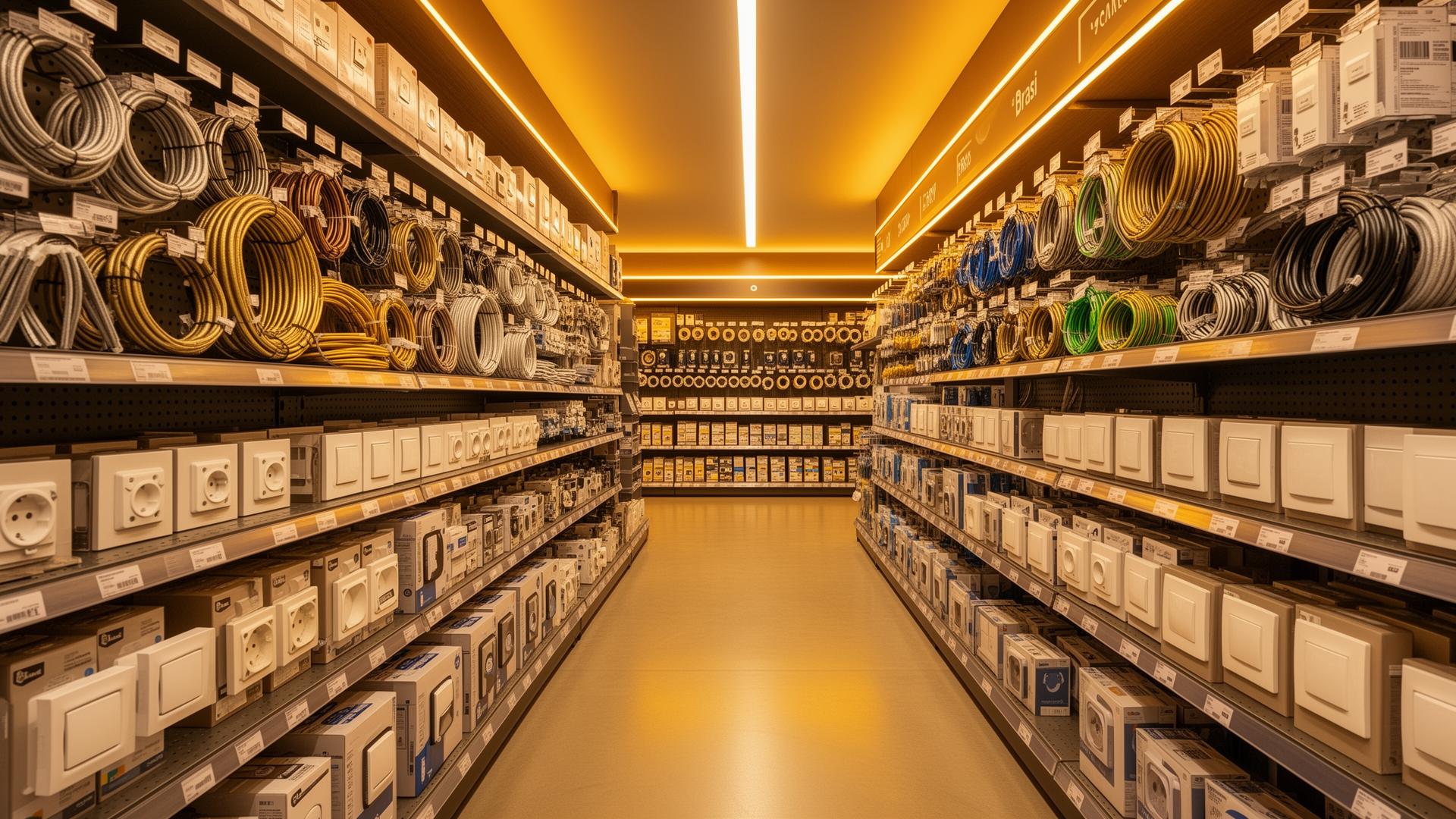 Loja de materiais organizada com prateleiras cheias